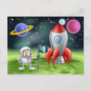 Cartoon astronaut en  raket briefkaart