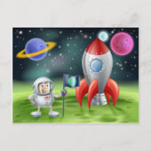 Cartoon astronaut en raket briefkaart (Voorkant)