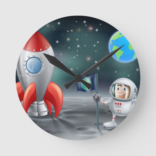 Cartoon astronaut  ruimteschakel op maan ronde klok (Voorkant)
