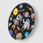 Cartoon-astronaut van zonnestelsel grote klok (Hoek)