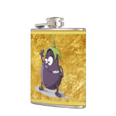 Cartoon aubergine met grote ogen groen haar 2 heupfles (Links)