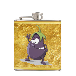 Cartoon aubergine met grote ogen groen haar 2 heupfles