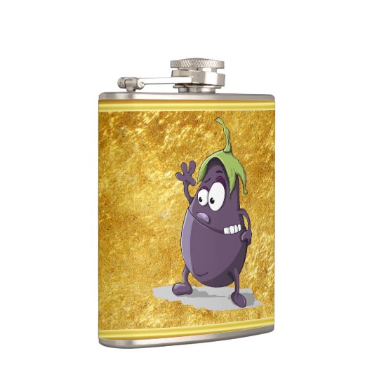 Cartoon aubergine met grote ogen groen haar 2 heupfles (Rechts)