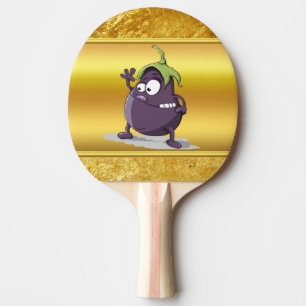 Cartoon aubergine met grote ogen groen haar 2 tafeltennisbatje