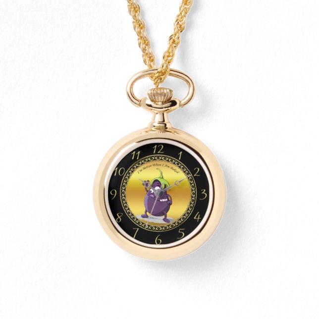 Cartoon-aubergine met grote ogen groen haar horloge (Voorkant)