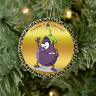 Cartoon-aubergine met grote ogen groen haar keramisch ornament