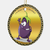 Cartoon-aubergine met grote ogen groen haar keramisch ornament (Links)
