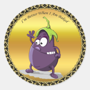 Cartoon-aubergine met grote ogen groen haar ronde sticker