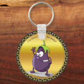 Cartoon-aubergine met grote ogen groen haar sleutelhanger (Voorkant)