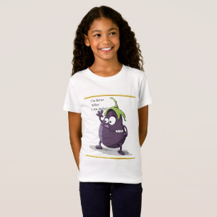 Cartoon-aubergine met grote ogen groen haar t-shirt