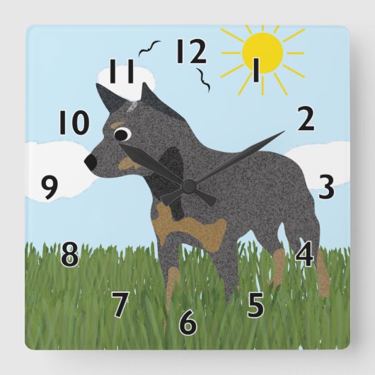 Cartoon Australian Cattle Dog Clock Vierkante Klok (Voorkant)