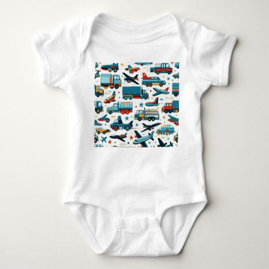 Cartoon auto's vrachtwagens vliegtuig Baby Bodysui Romper (Voorkant)