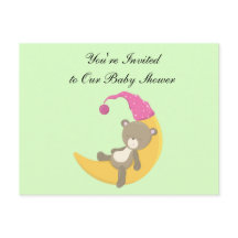 Cartoon Baby Beer Slaapstand op maan met roze Pet