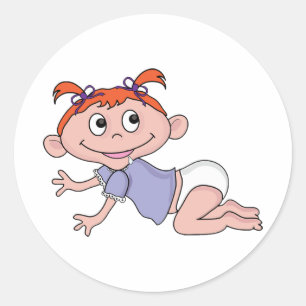 Cartoon Baby Meisje Kruipend Rood Haar Paarse Stri Ronde Sticker