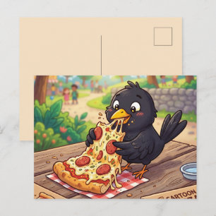 Cartoon Baby Merel Kraai Raaf Eet Pizza Feestdagenkaart