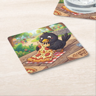 Cartoon Baby Merel Kraai Raaf Eet Pizza Kartonnen Onderzetters