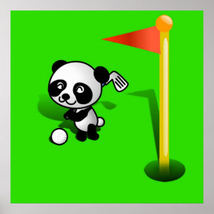 Cartoon Baby Panda Beer Golfing op de Groenen Poster