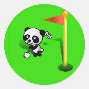 Cartoon Baby Panda Beer Golfing op de Groenen Ronde Sticker