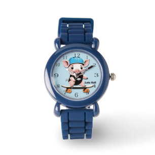 Cartoon baby varken rijden een skateboard laat rol horloge