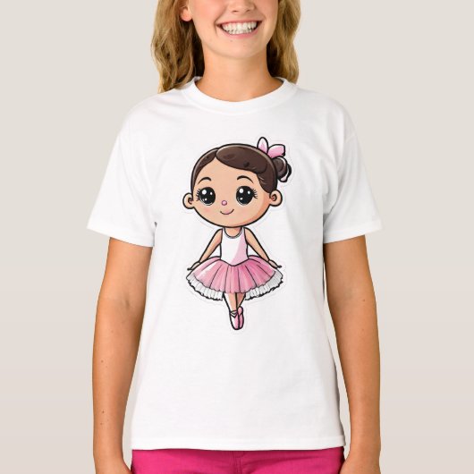 Cartoon Ballerina Roze Tutu Haar Bow Donker Haar T-shirt (Voorkant)