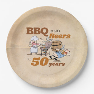Cartoon BBQ en bier 50e verjaardag Rustic Papieren Bordje