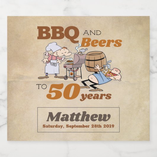 Cartoon BBQ en bieren 50e verjaardag rustiek Bier Etiket (Enkel label)
