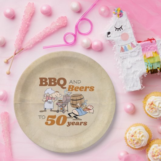 Cartoon BBQ en bieren 50e verjaardag rustiek Papieren Bordje