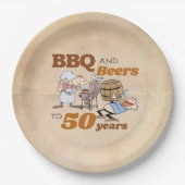 Cartoon BBQ en bieren 50e verjaardag rustiek Papieren Bordje (Voorkant)