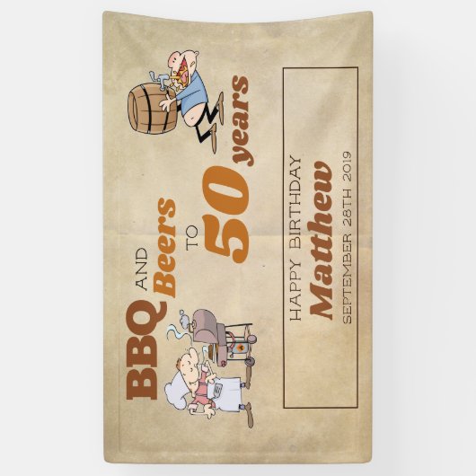 Cartoon BBQ en bieren 50e verjaardag rustiek thema Spandoek (Verticaal)