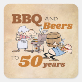 Cartoon BBQ en bieren 50e verjaardag rustiek thema Vierkante Sticker