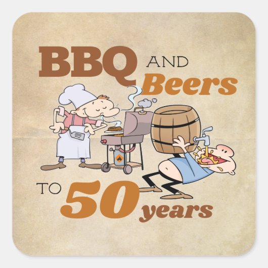 Cartoon BBQ en bieren 50e verjaardag rustiek thema Vierkante Sticker (Voorkant)