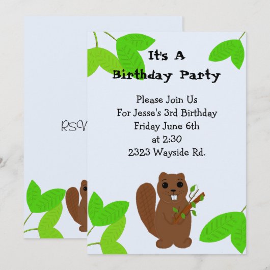 Cartoon Beaver Birthday Uitnodiging (Voorkant / Achterkant)