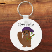 Cartoon Beaver met Paars Pet Sleutelhanger (Voorkant)
