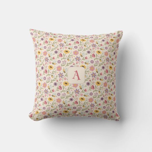 Cartoon bee flower yellow lavender pattern initial kussen (Voorkant)