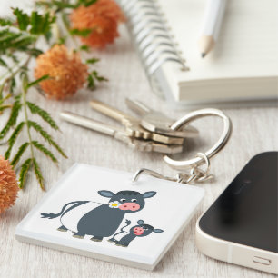 Cartoon Belted Galloway Koe & Calf Acrylkeyring Sleutelhanger
