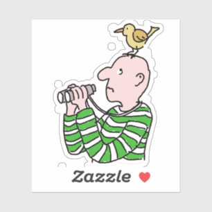 Cartoon berdwatcher met vogel op zijn hoofd. sticker