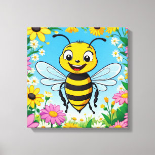 Cartoon Bij Kleurrijke Bloemen Canvas Afdruk