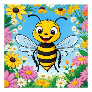 Cartoon Bij Kleurrijke Bloemen Foto Afdruk