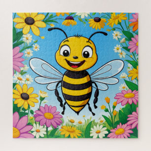 Cartoon bij kleurrijke bloemen legpuzzel