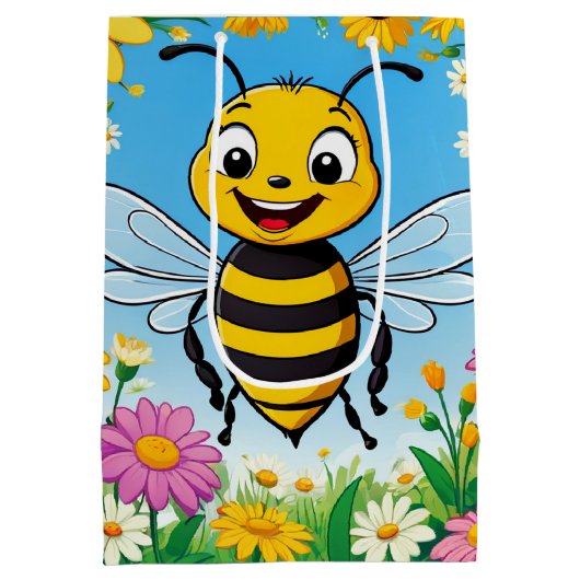 Cartoon bij kleurrijke bloemen medium cadeauzakje (Achterkant)