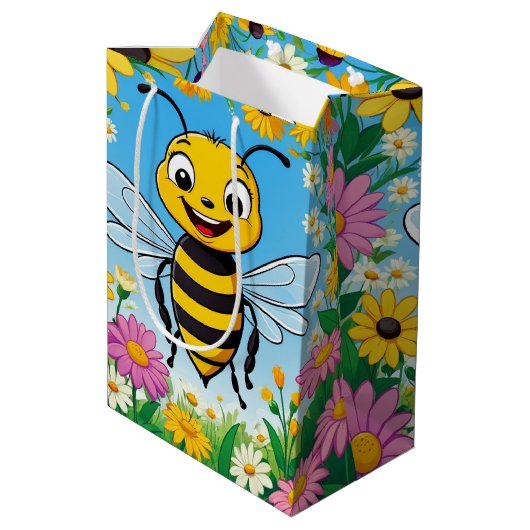 Cartoon bij kleurrijke bloemen medium cadeauzakje (Achterkant Gekanteld)