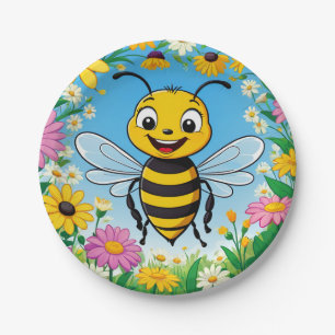 Cartoon Bij Kleurrijke Bloemen Papieren Bordje