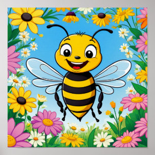 Cartoon bij kleurrijke bloemen poster