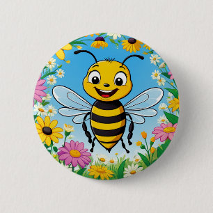 Cartoon bij kleurrijke bloemen ronde button 5,7 cm