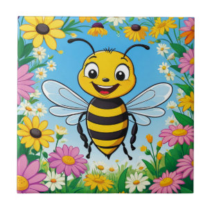 Cartoon bij kleurrijke bloemen tegeltje