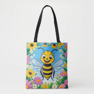 Cartoon bij kleurrijke bloemen tote bag