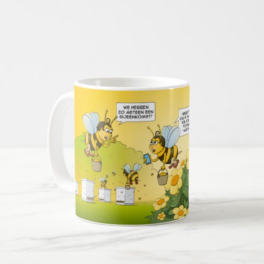 Cartoon; bijeenkomst en zoom meeting.  koffiemok (Voorkant links)