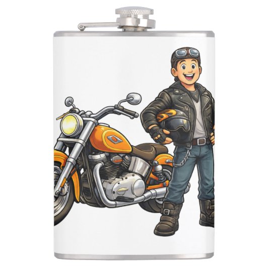 Cartoon Biker with Powerful Motorcycle Rider Art Heupfles (Voorkant)