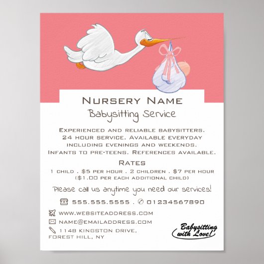 Cartoon Bird & Baby, Babysitter, Daycare, Nursery Poster (Voorkant)