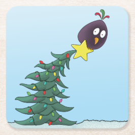 Cartoon Bird Christmas Tree Star Kartonnen Onderzetters
